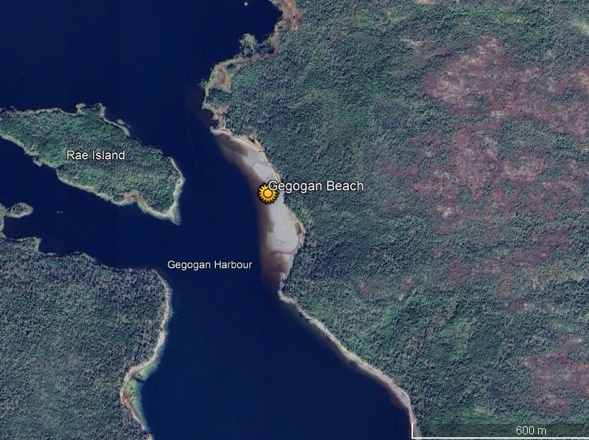 Mapa de ubicación de Gegogan Beach y Rae Island, Nueva Escocia